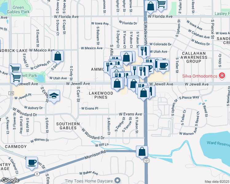 map of restaurants, bars, coffee shops, grocery stores, and more near 8040 West Jewell Avenue in Lakewood