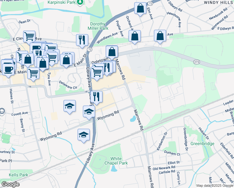 map of restaurants, bars, coffee shops, grocery stores, and more near 511 College Square Sc in Newark