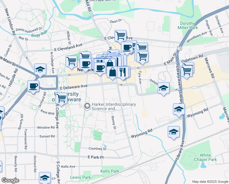 map of restaurants, bars, coffee shops, grocery stores, and more near 65 South Chapel Street in Newark