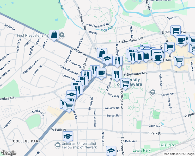 map of restaurants, bars, coffee shops, grocery stores, and more near 57 South Main Street in Newark