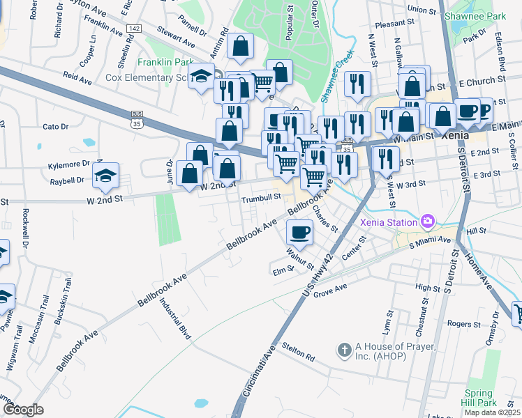 map of restaurants, bars, coffee shops, grocery stores, and more near 396 Bellbrook Avenue in Xenia