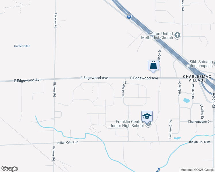 map of restaurants, bars, coffee shops, grocery stores, and more near 9801-10399 East Edgewood Avenue in Indianapolis