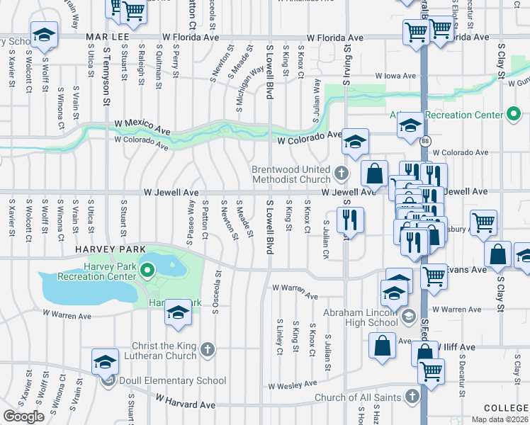 map of restaurants, bars, coffee shops, grocery stores, and more near 1971 South Lowell Boulevard in Denver