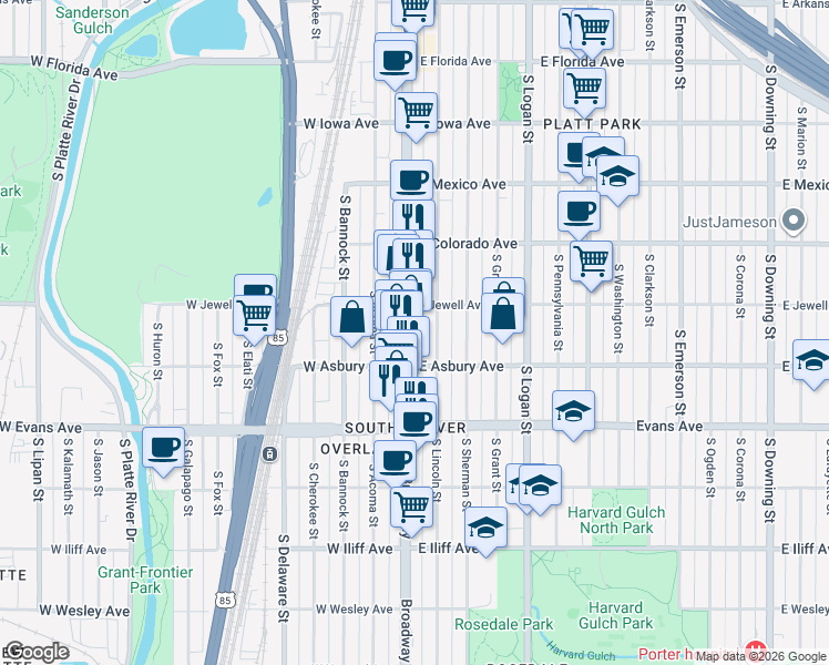 map of restaurants, bars, coffee shops, grocery stores, and more near 1967 South Lincoln Street in Denver