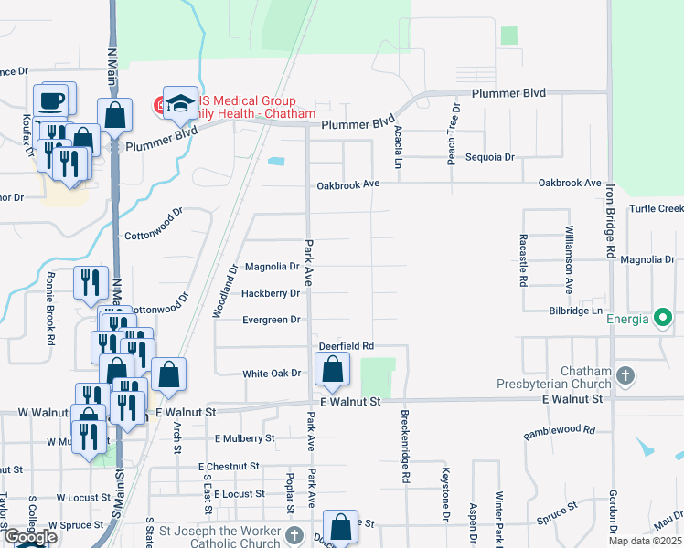 map of restaurants, bars, coffee shops, grocery stores, and more near 831 Hackberry Drive in Chatham