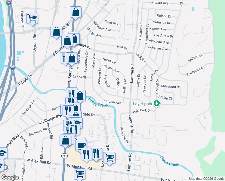 map of restaurants, bars, coffee shops, grocery stores, and more near 4869 Delba Drive in Dayton