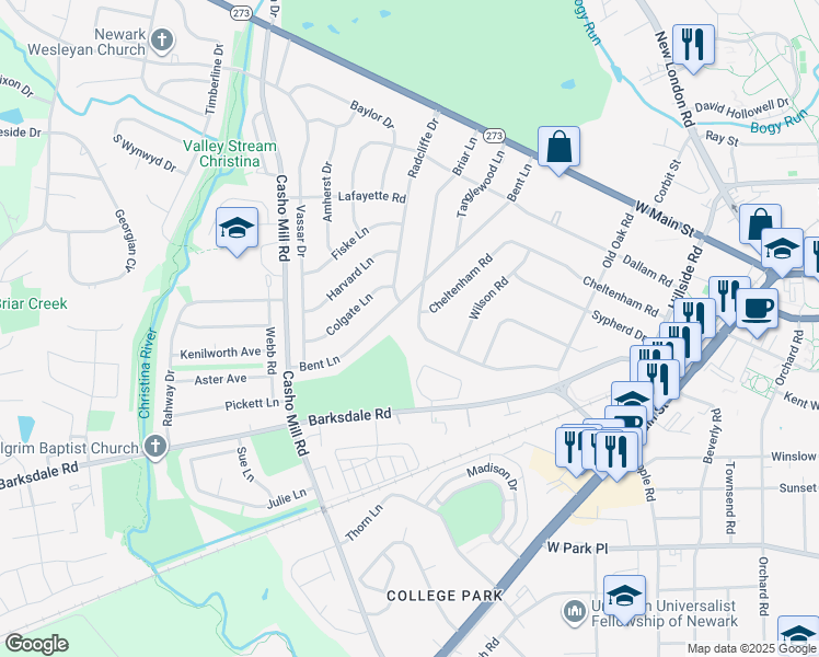 map of restaurants, bars, coffee shops, grocery stores, and more near 510 Briar Lane in Newark