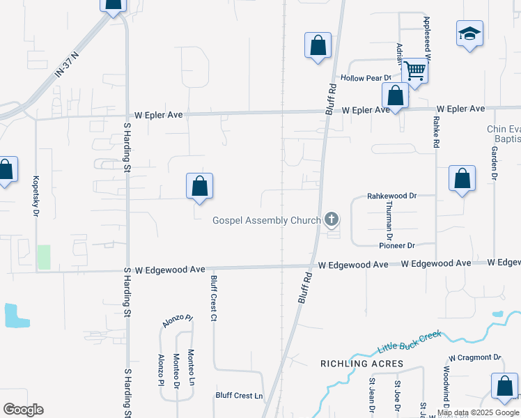 map of restaurants, bars, coffee shops, grocery stores, and more near 5712 Bluff Road in Indianapolis