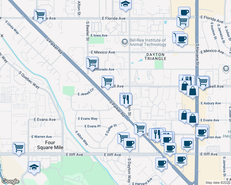 map of restaurants, bars, coffee shops, grocery stores, and more near 9560 East Jewell Avenue in Denver