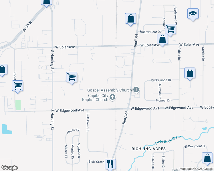 map of restaurants, bars, coffee shops, grocery stores, and more near 1018 West Edgewood Avenue in Indianapolis
