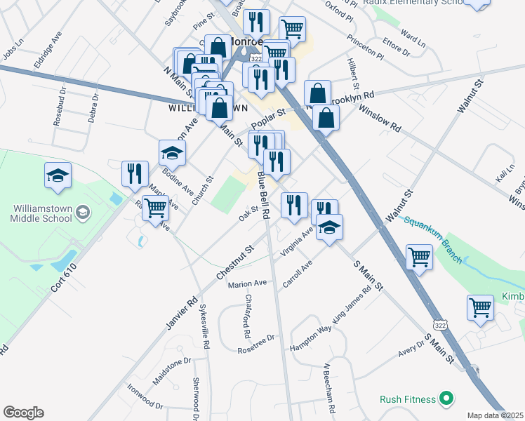 map of restaurants, bars, coffee shops, grocery stores, and more near 134 Oak Street in Monroe
