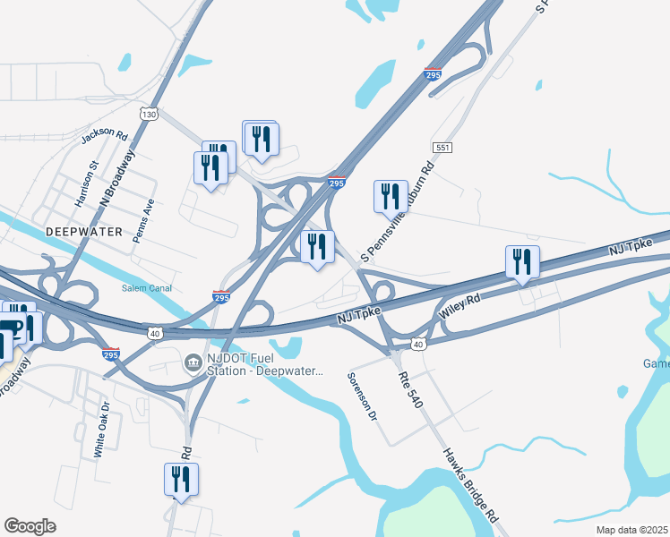 map of restaurants, bars, coffee shops, grocery stores, and more near 601 South Pennsville Auburn Road in Carneys Point Township