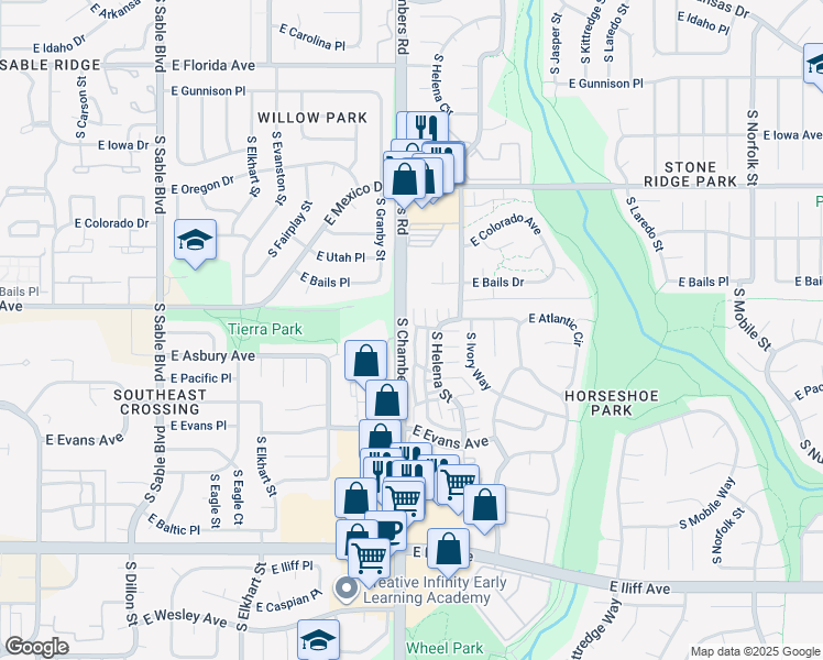 map of restaurants, bars, coffee shops, grocery stores, and more near 1920 South Hannibal Street in Aurora