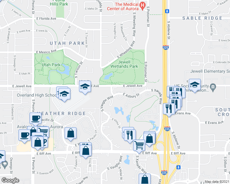 map of restaurants, bars, coffee shops, grocery stores, and more near 1925 South Vaughn Way in Aurora