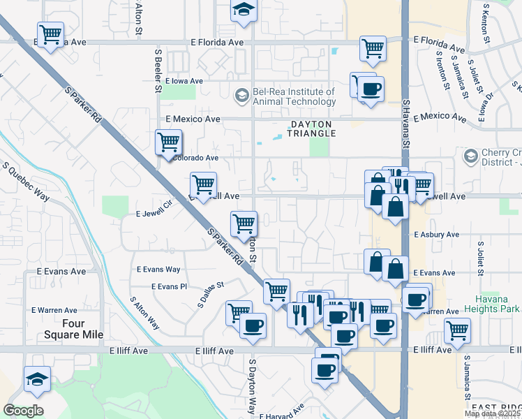 map of restaurants, bars, coffee shops, grocery stores, and more near 1975 South Dayton Street in Denver