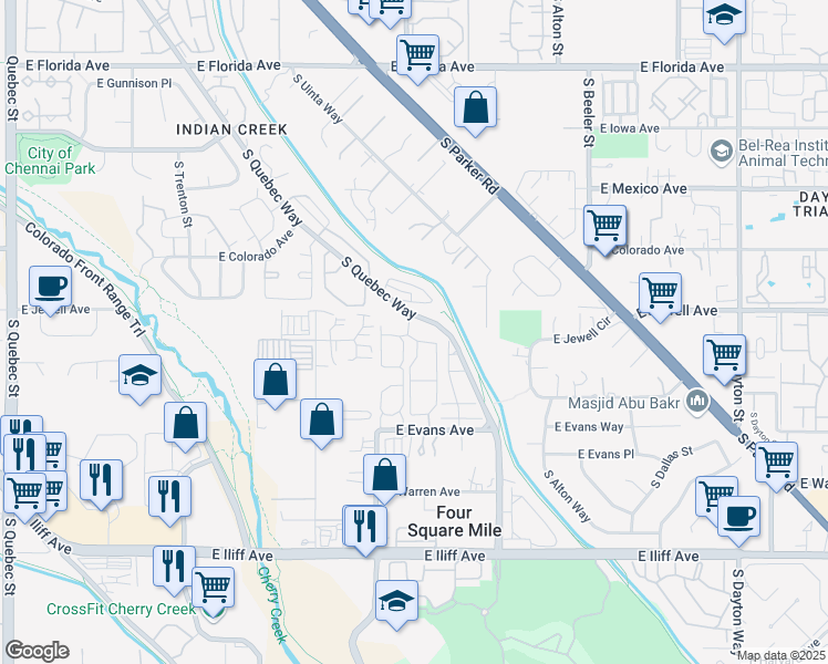 map of restaurants, bars, coffee shops, grocery stores, and more near 1959 South Xenia Way in Denver