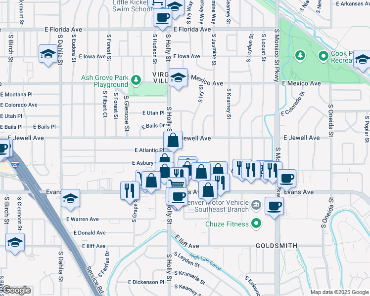 map of restaurants, bars, coffee shops, grocery stores, and more near 5800 East Atlantic Place in Denver