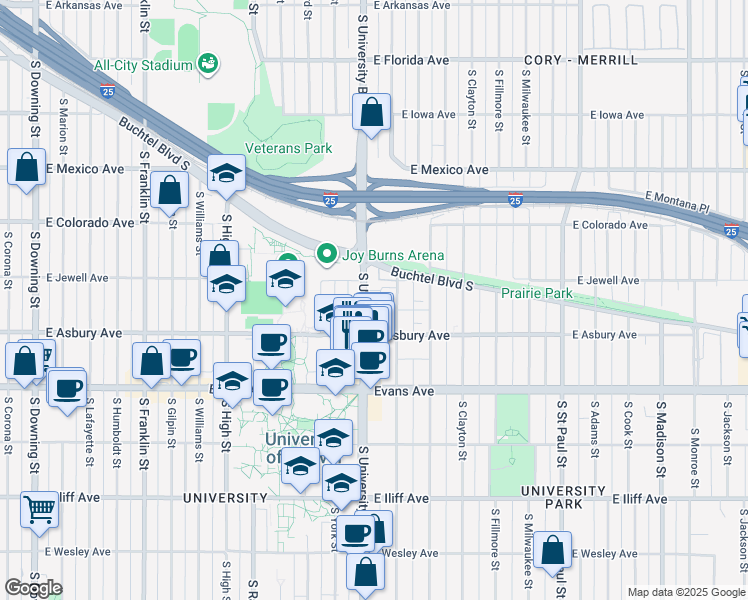 map of restaurants, bars, coffee shops, grocery stores, and more near 1919 South University Boulevard in Denver