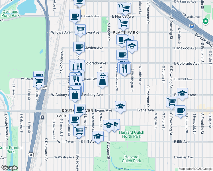 map of restaurants, bars, coffee shops, grocery stores, and more near 1959 South Logan Street in Denver