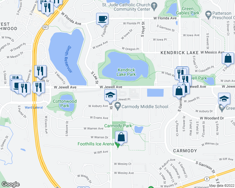 map of restaurants, bars, coffee shops, grocery stores, and more near 9996 West Jewell Avenue in Lakewood