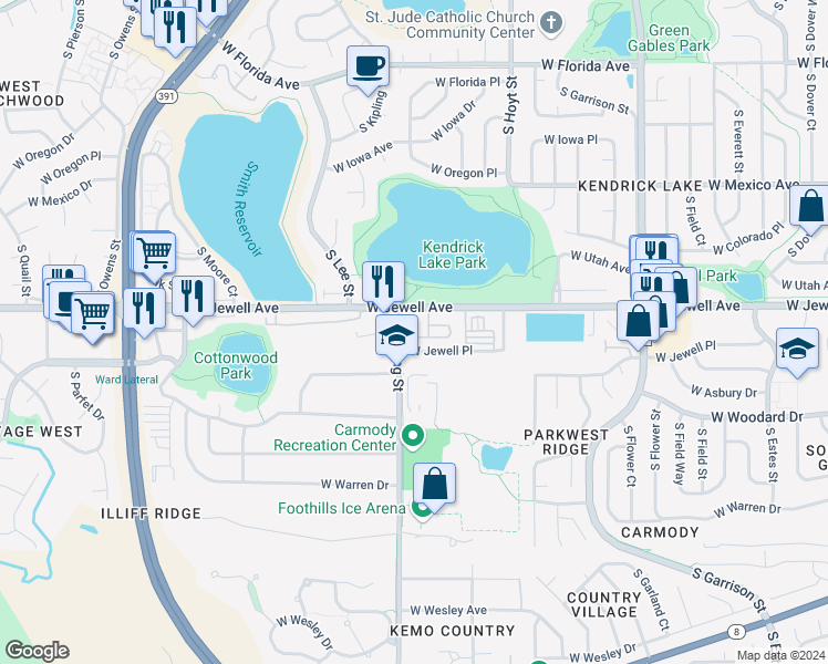map of restaurants, bars, coffee shops, grocery stores, and more near 9996 West Jewell Avenue in Lakewood