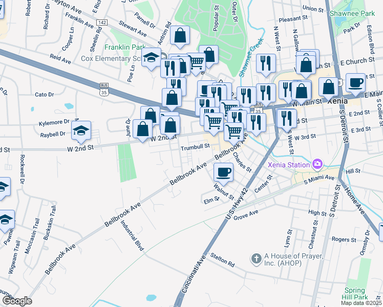 map of restaurants, bars, coffee shops, grocery stores, and more near 396 Bellbrook Avenue in Xenia