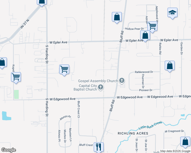 map of restaurants, bars, coffee shops, grocery stores, and more near 1018 West Edgewood Avenue in Indianapolis