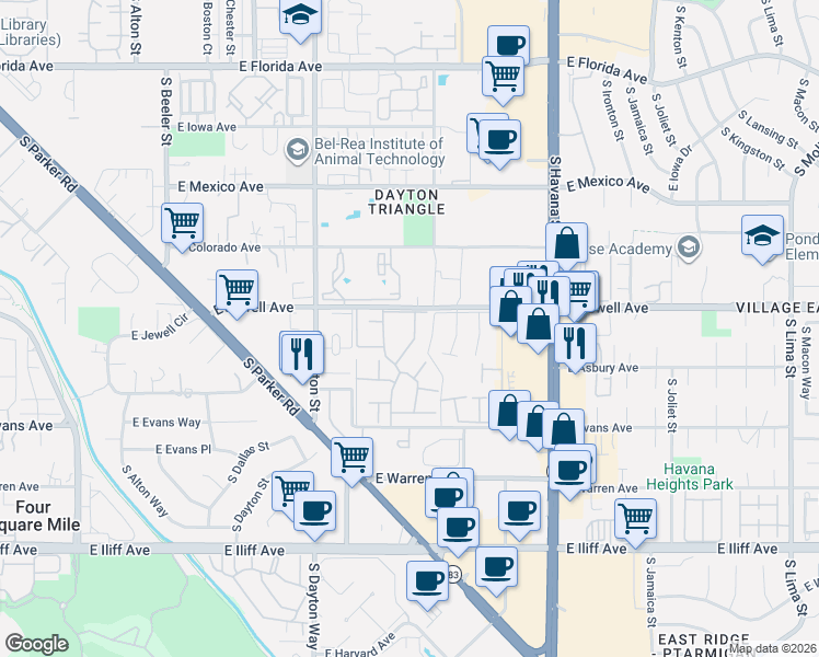 map of restaurants, bars, coffee shops, grocery stores, and more near 9901 East Evans Avenue in Aurora