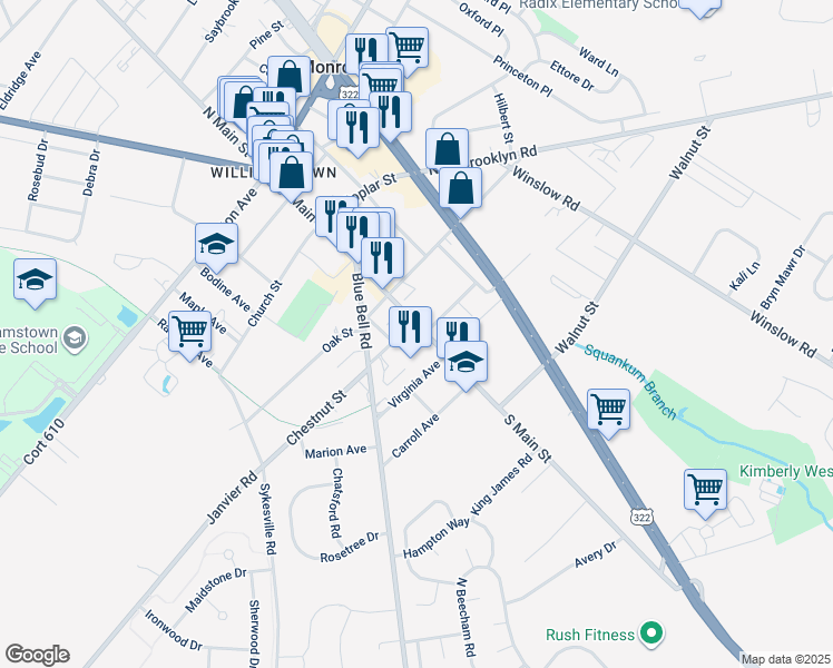 map of restaurants, bars, coffee shops, grocery stores, and more near 509 South Main Street in Monroe