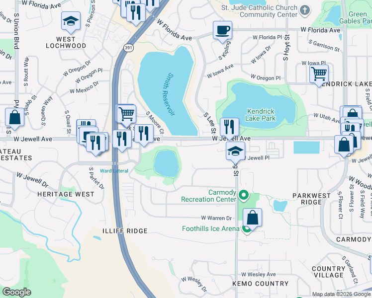 map of restaurants, bars, coffee shops, grocery stores, and more near 10200 West Asbury Avenue in Lakewood