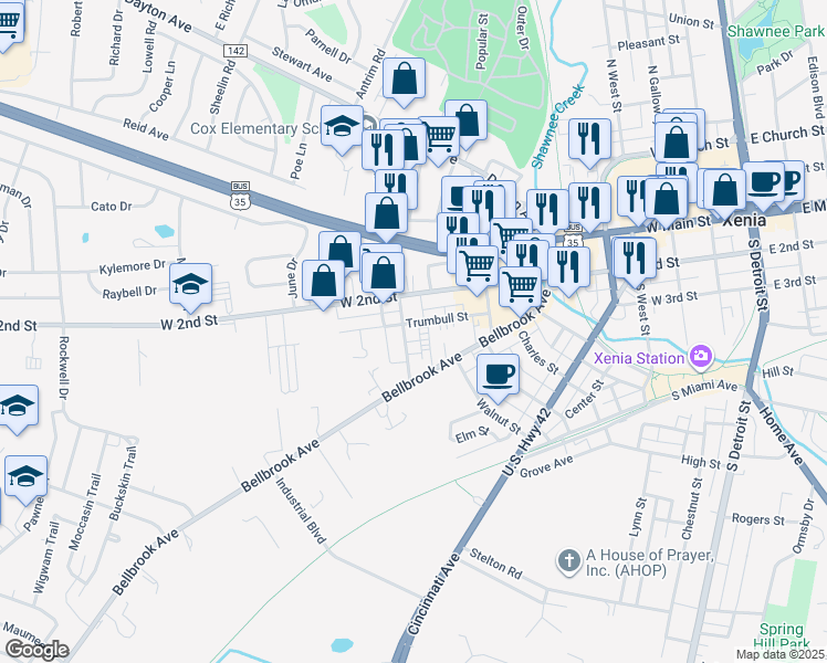 map of restaurants, bars, coffee shops, grocery stores, and more near 254 South Allison Avenue in Xenia