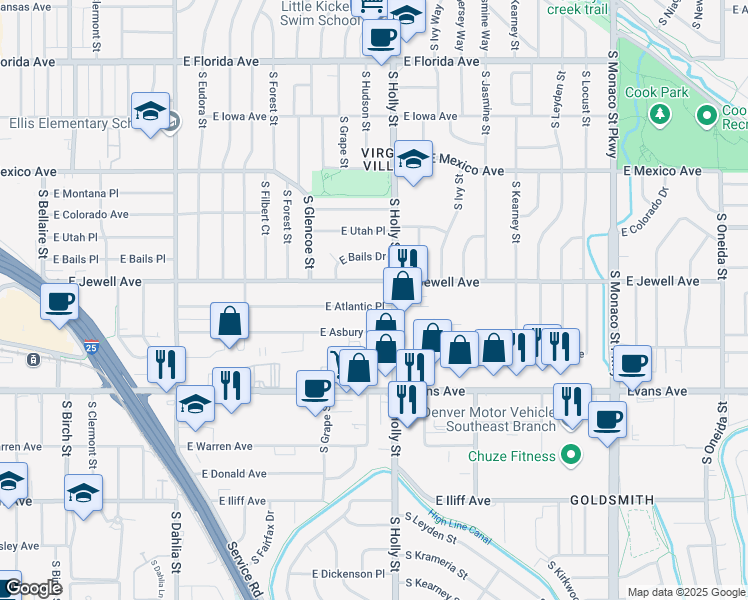 map of restaurants, bars, coffee shops, grocery stores, and more near 5525 East Atlantic Place in Denver