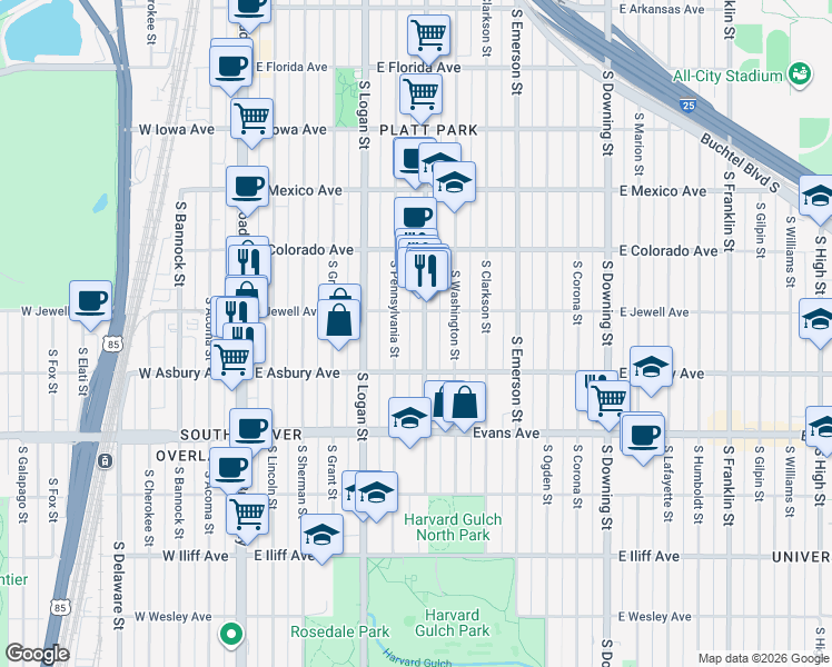 map of restaurants, bars, coffee shops, grocery stores, and more near 1961 South Pearl Street in Denver