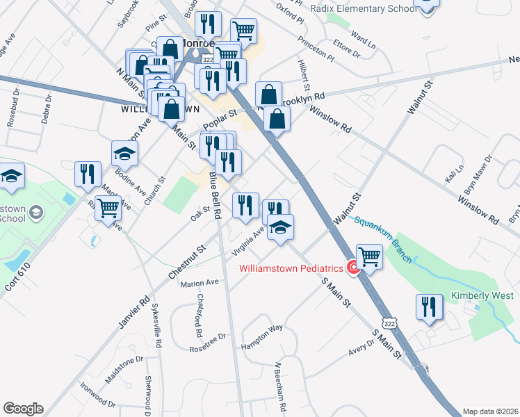 map of restaurants, bars, coffee shops, grocery stores, and more near 525 South Main Street in Monroe