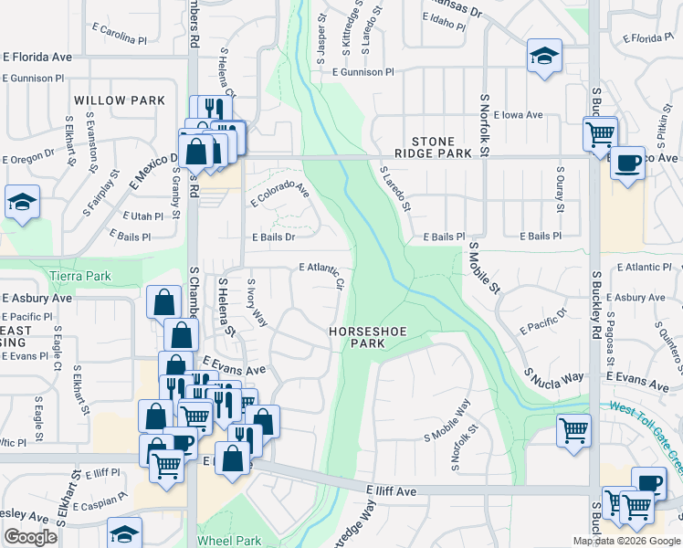 map of restaurants, bars, coffee shops, grocery stores, and more near 15658 East Atlantic Place in Aurora