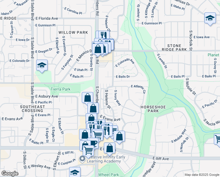 map of restaurants, bars, coffee shops, grocery stores, and more near 1930 South Helena Street in Aurora
