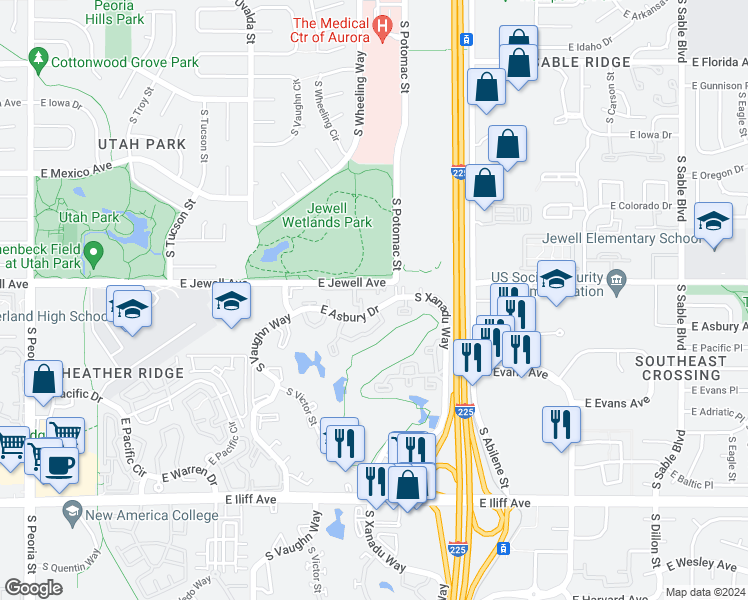 map of restaurants, bars, coffee shops, grocery stores, and more near 13592 East Asbury Drive in Aurora