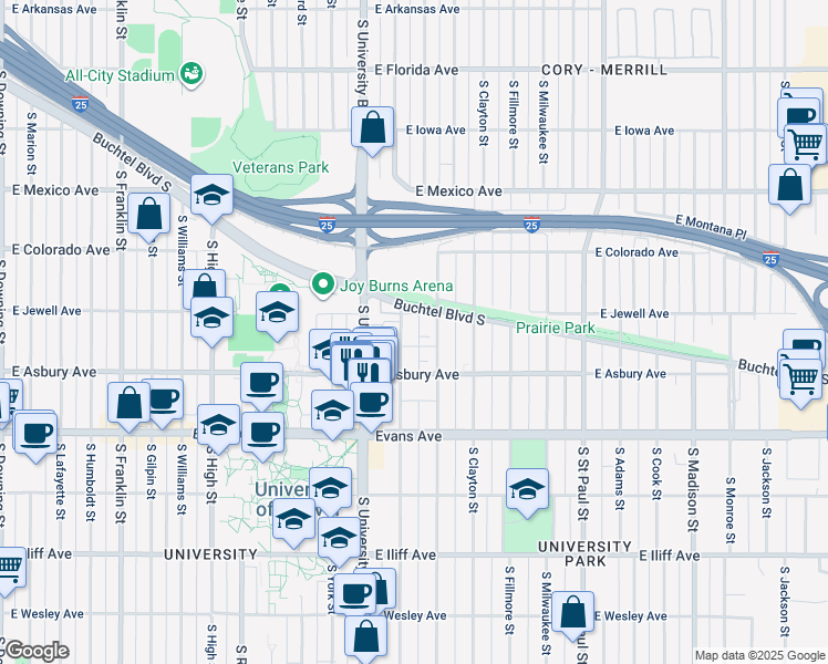 map of restaurants, bars, coffee shops, grocery stores, and more near 1955 South Josephine Street in Denver