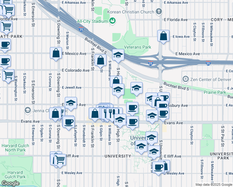 map of restaurants, bars, coffee shops, grocery stores, and more near 1957 South High Street in Denver