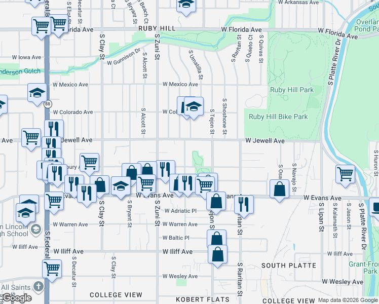 map of restaurants, bars, coffee shops, grocery stores, and more near 1964 South Vallejo Street in Denver