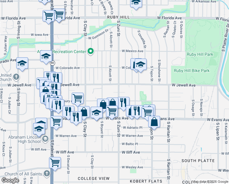 map of restaurants, bars, coffee shops, grocery stores, and more near 1967 South Zuni Street in Denver