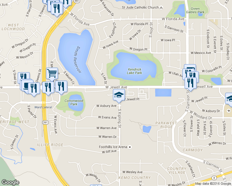 map of restaurants, bars, coffee shops, grocery stores, and more near 9996 West Jewell Avenue in Lakewood