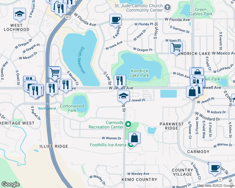 map of restaurants, bars, coffee shops, grocery stores, and more near 1919 South Kipling Street in Lakewood