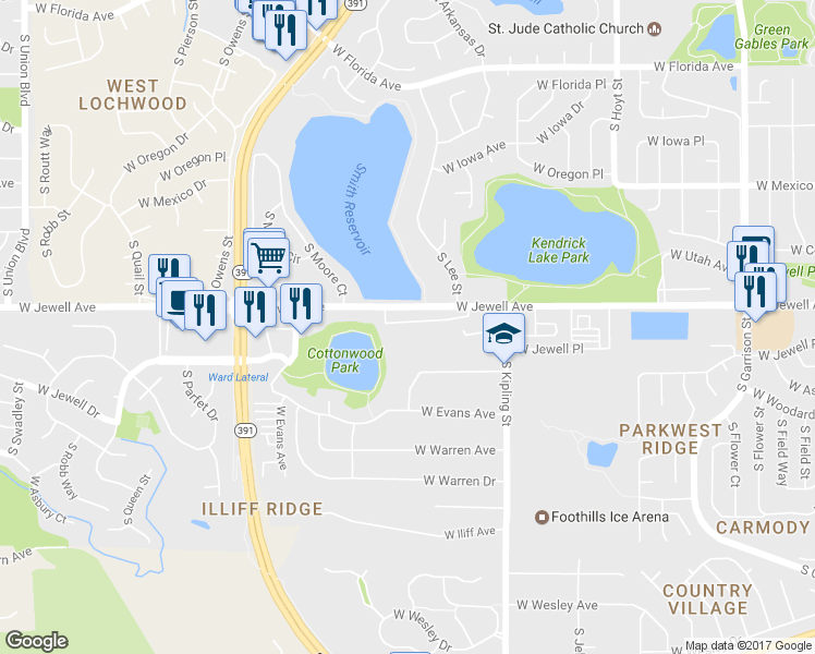map of restaurants, bars, coffee shops, grocery stores, and more near 10200 West Asbury Avenue in Lakewood