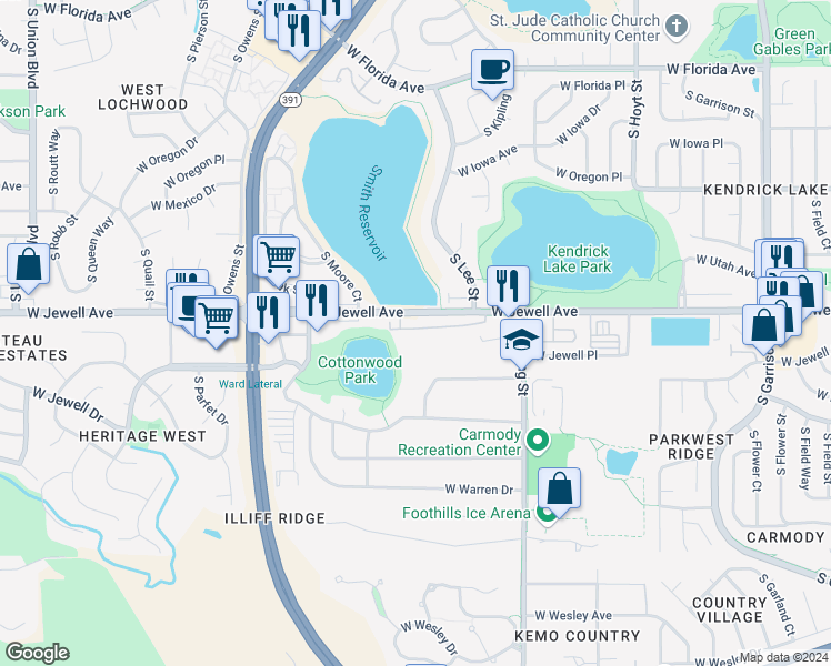 map of restaurants, bars, coffee shops, grocery stores, and more near 10200 West Asbury Avenue in Lakewood