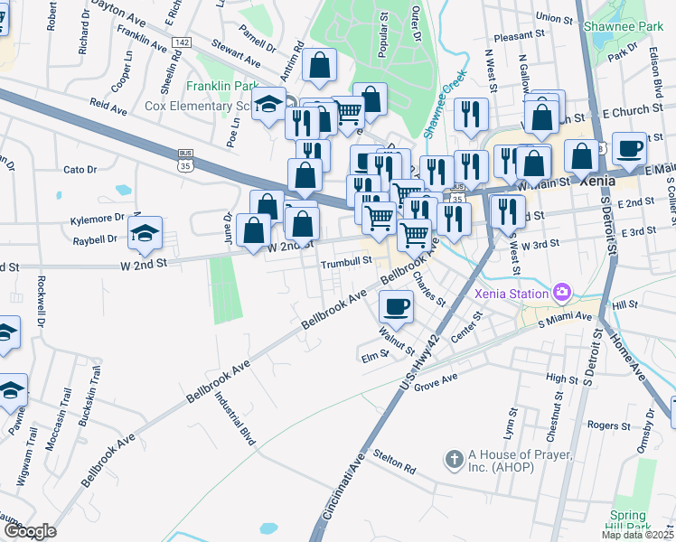 map of restaurants, bars, coffee shops, grocery stores, and more near 396 Bellbrook Avenue in Xenia