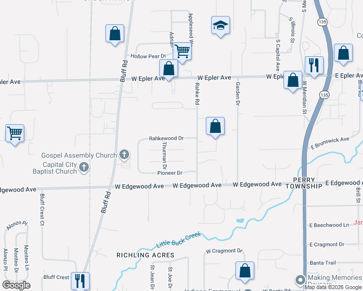 map of restaurants, bars, coffee shops, grocery stores, and more near 521 Watersonway Circle in Indianapolis