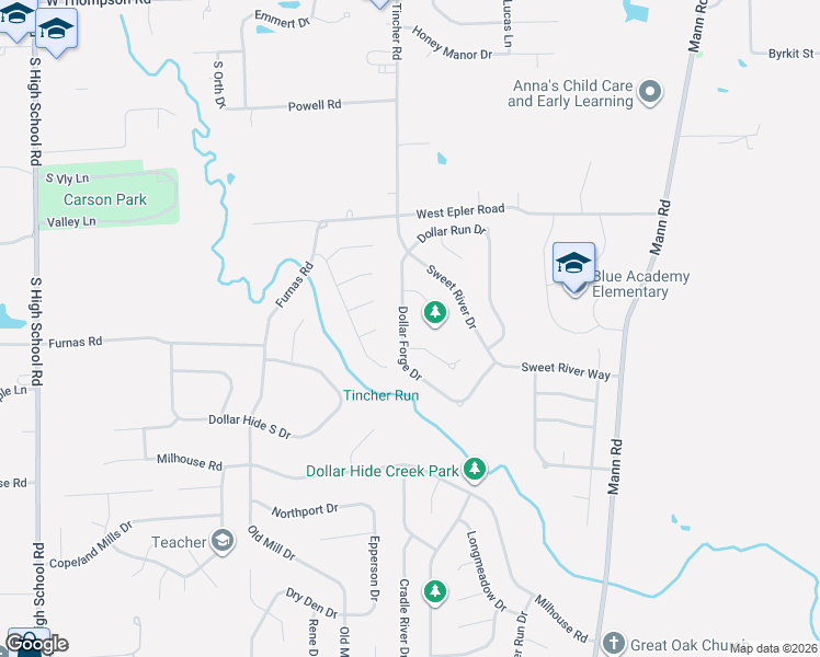 map of restaurants, bars, coffee shops, grocery stores, and more near 5446 Dollar Forge Court in Indianapolis