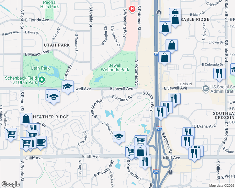 map of restaurants, bars, coffee shops, grocery stores, and more near 13308 East Asbury Drive in Aurora