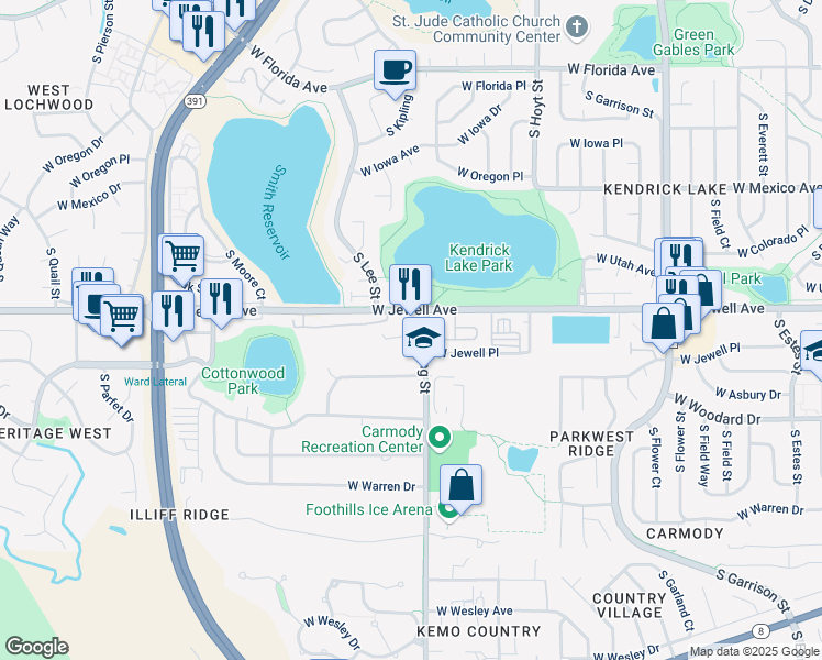 map of restaurants, bars, coffee shops, grocery stores, and more near 1919 South Kipling Street in Lakewood